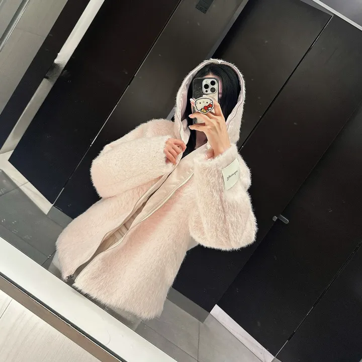 [러블리⛄/털빠짐X] 핑키 딸기우유 소프트 후드 퍼 뽀글이 앙고라 코트 집업 자켓 상세 이미지 24