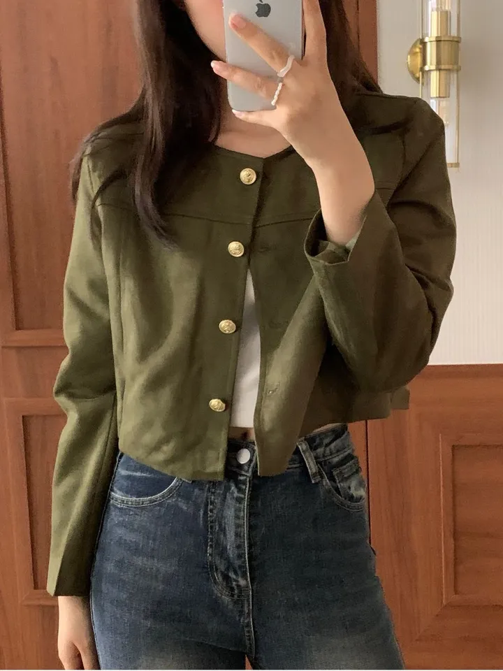 [주문폭주🐱‍🏍3color/가을신상🍂] 노이드 노카라 금장로고 스웨이드 자켓 올드머니룩 페미닌룩 어깨패드 상세 이미지 29