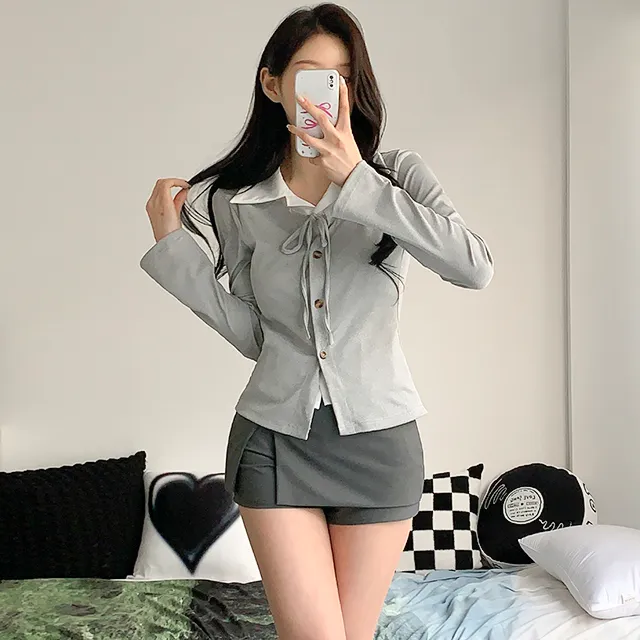 [일체형/모던룩/2col] 신디 일체형 슬림핏 레이어드 셔츠 가디건 / 카라넥 / 리본가디건 / 레이어드티셔츠 / 페이크셔츠 / 긱시크 / 브이넥 / 셔츠니트 / 코디완성 / 강추 상세 이미지 26