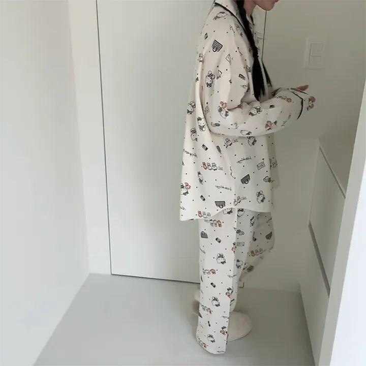 🖤[당일출고/정품/최저가!]🖤 헬로키티 잠옷 파자마 상하세트 면 레이온 봄 가을 박시핏 빅사이즈 오버핏 루즈핏 캐릭터 산리오 땡땡이 도트 원카라 블랙 레이스 선물 파자마파티 상세 이미지 9