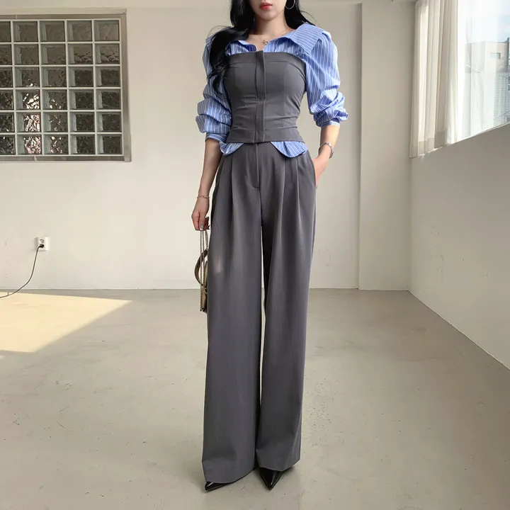 [ SET추천 / 시크페미닌 ] 제이 지퍼 스모크밴딩 크롭 탑 + 슬랙스 투피스 세트 별도구매 오피스룩 하객룩 상세 이미지 9