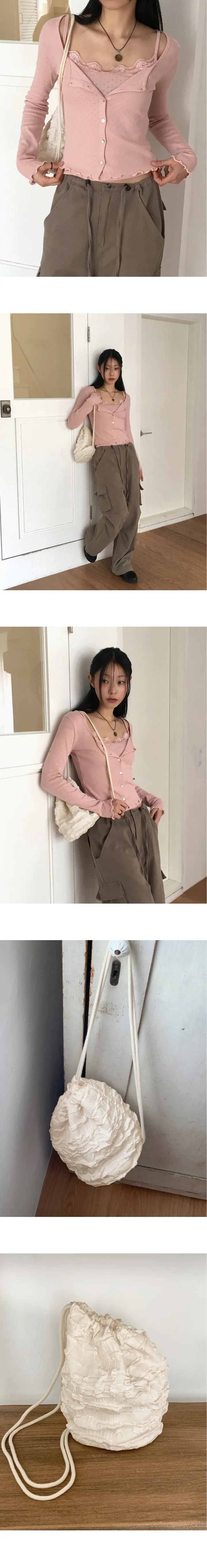 트밀 빈티지 주름 버킷 스트링 나일론 짐색 백팩 상세 이미지 5