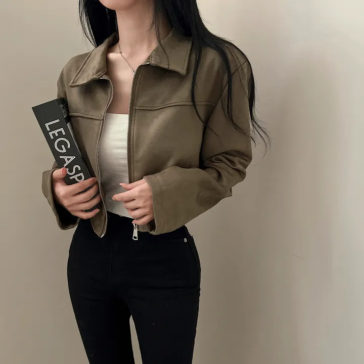[어깨패드O] 어텀 스웨이드 절개 카라 크롭 자켓 집업 상세 이미지 19