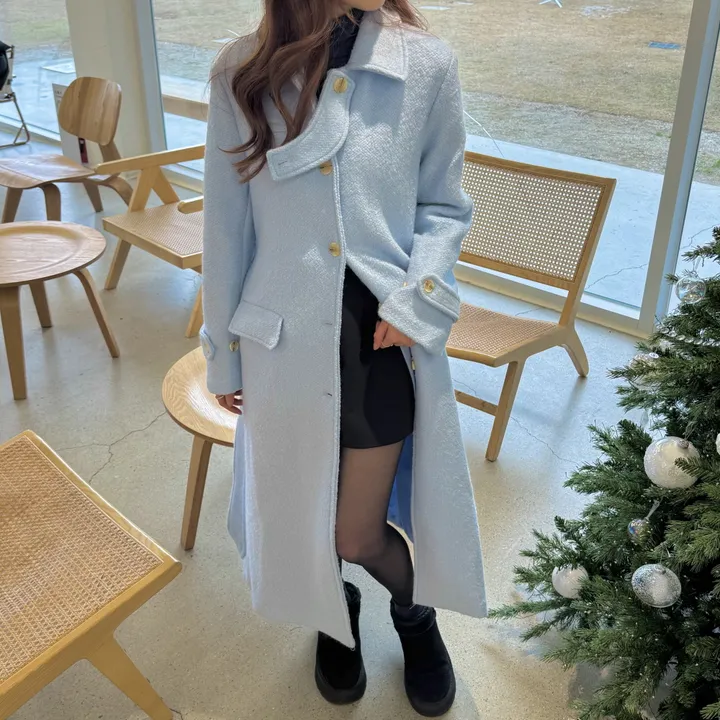 하이넥 부클 뽀글이 파스텔 허리 슬림 벨트 맥시 싱글 롱코트(3color)크리스마스룩 연말룩 상세 이미지 3