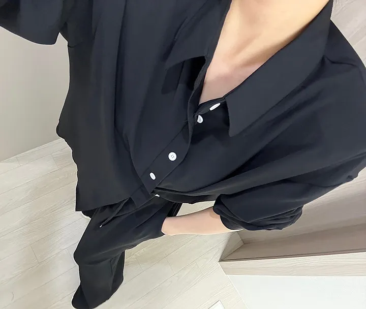 [최저가/부분당일발송🚚]빅사이즈 루즈핏 패치 남방셔츠 스트링 슬랙스 와이드팬츠 투피스세트/44-88/빅사이즈/찰랑/시원한소재/여름신상/뒷밴딩/여름하객룩/휴양지룩/바캉스룩/투웨이 상세 이미지 39