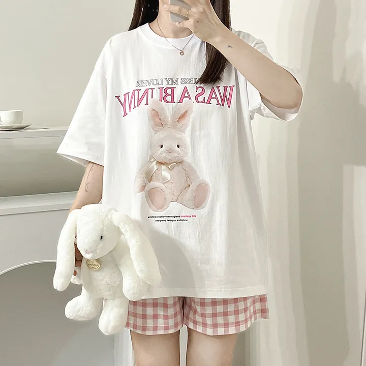 💗[당일출고/남녀공용]💗 토끼 잠옷 파자마 체크바지 단품 반팔티 반팔 티 박시핏 루즈핏 오버핏 빅사이즈 래빗 잠옷세트 파자마세트 홈웨어 커플룩 커플티 커플 체크바지 박시티 상세 이미지 6