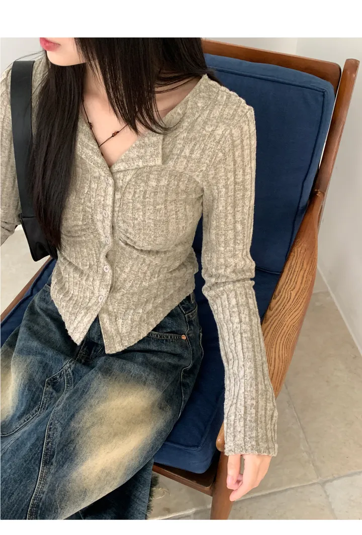 [5천장 판매/기획가] 튤리 보카시 셔링 골지 카라 단추 긴팔 가디건 상세 이미지 6