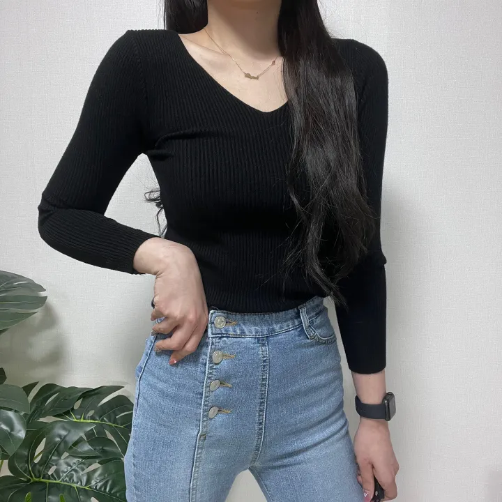 1000장 돌파! 🚀당일발송!🚀✨진짜최저가보장✨ 🎊봄까지 쭉!🎊 주문폭주 🎀리뷰극찬🎀 2개 구매시 묶음할인! 기본 슬림 골지 브이넥 니트 긴팔티 상세 이미지 39