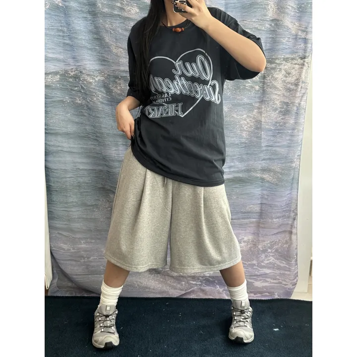 [UNISEX/기획특가/소장추천!/3size!]사이드 폴드 핀턱 포인트 루즈 와이드 벌룬 버뮤다 하프 트레이닝 팬츠(2color) 상세 이미지 43