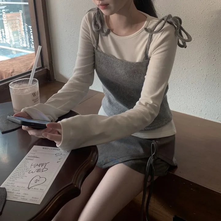 [2ps🎀/퀄리티보장] 레이어드 스트랩 리본 뷔스티에 기모 티셔츠 set 상세 이미지 23
