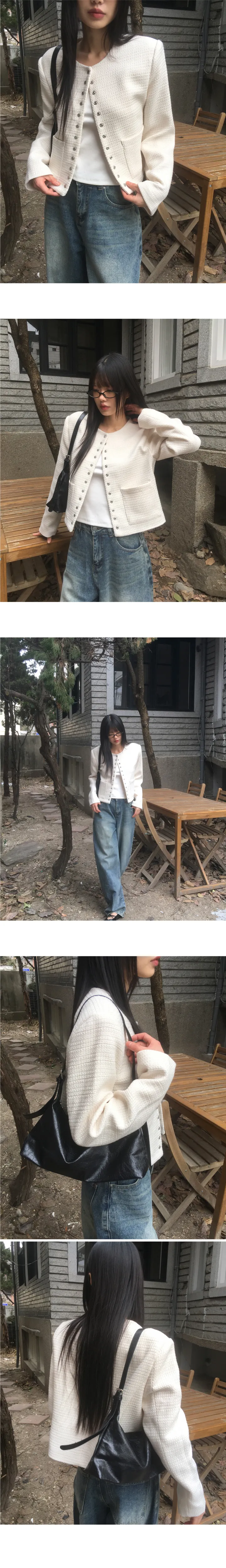 [봄.간절기🌸/포멀.캐주얼🖤/MADE] 라메 스냅 버튼 노카라 하객룩 트위드 자켓 상세 이미지 12