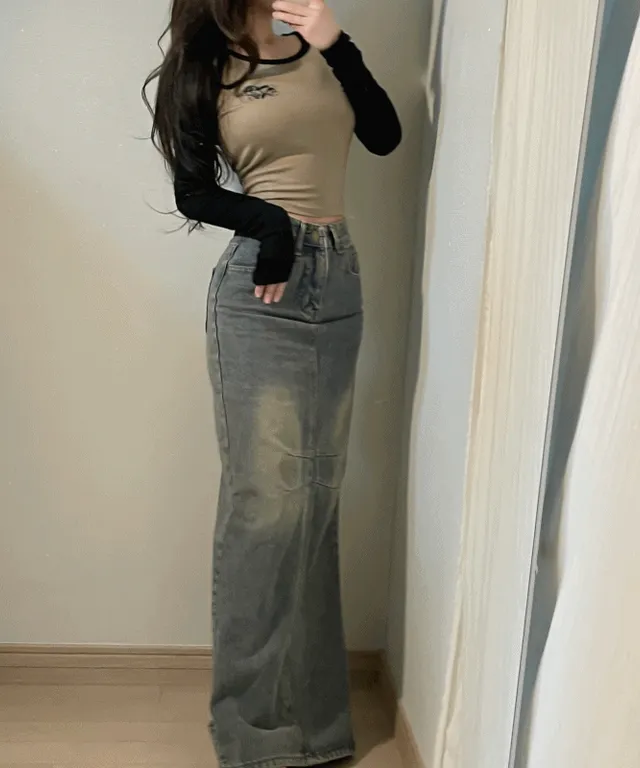 [XS~L/허얇녀!/소장템] 워싱 데님 롱스커트