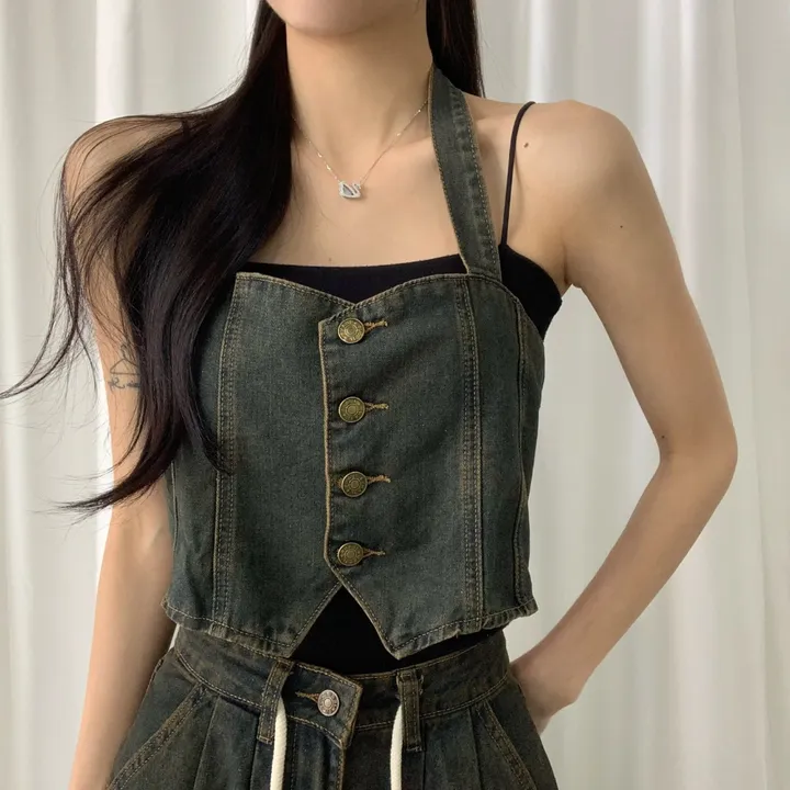 ⁎MADE [코디set/S~L] 치퍼 홀터 데님 크롭 뷔스티에 탑 나시 와이드 롱 생지 워싱 데님 청 팬츠 투피스 세트 <여행룩/힙/빈티지/인생샷!> 상세 이미지 12