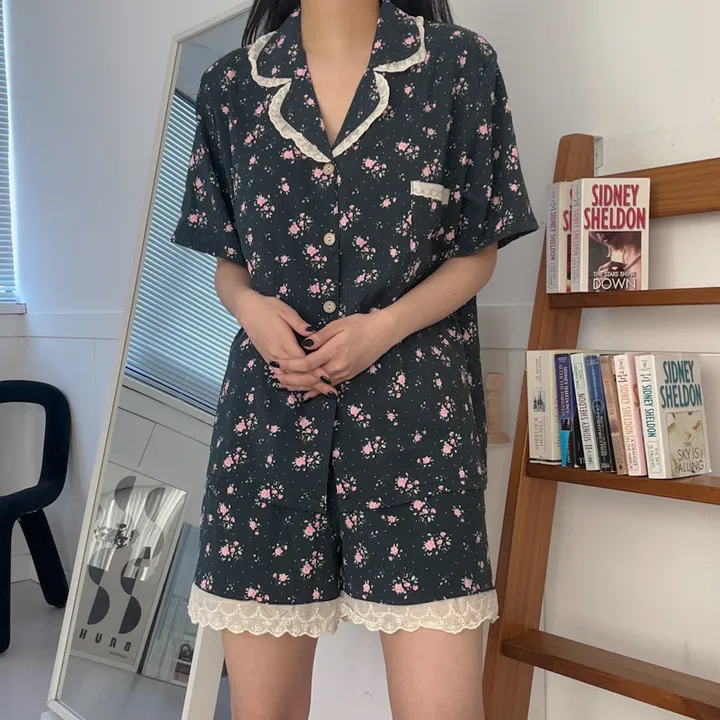 [당일출고] 핑크 플라워 네이비 레이스 카라 반팔 반바지 파자마 잠옷세트 (패드내장) 상세 이미지 12