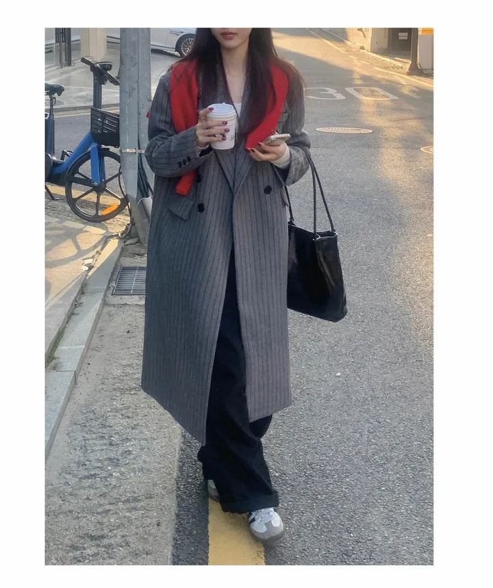 [브랜드퀄/안감누빔] 브랜드 퀄리티 누빔 그레이 스트라이프 롱코트 루즈핏코트 더블코트 겨울코트 스트라이프코트 상세 이미지 13