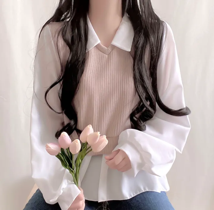[셔츠+니트 일체형!] 포밍 레이어드 카라 벌룬 배색 니트 블라우스 4color 베이지 핑크 소라 블랙 상세 이미지 7