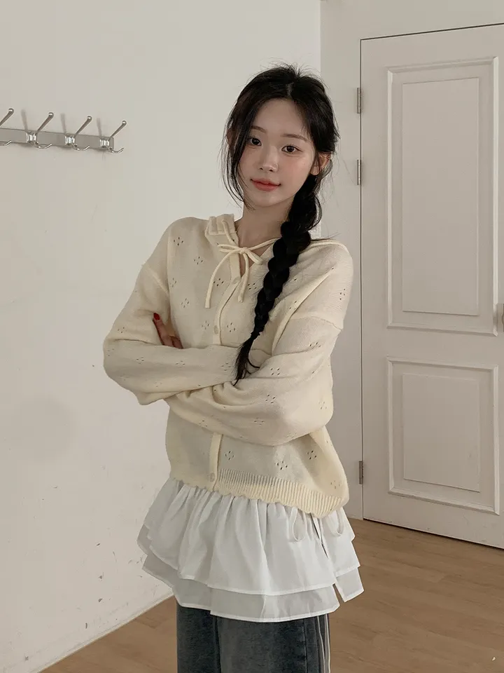 [큐티무드/핏추천!] 연유 펀칭 루즈핏 니트 후드 긴팔 가디건 3colors 상세 이미지 8