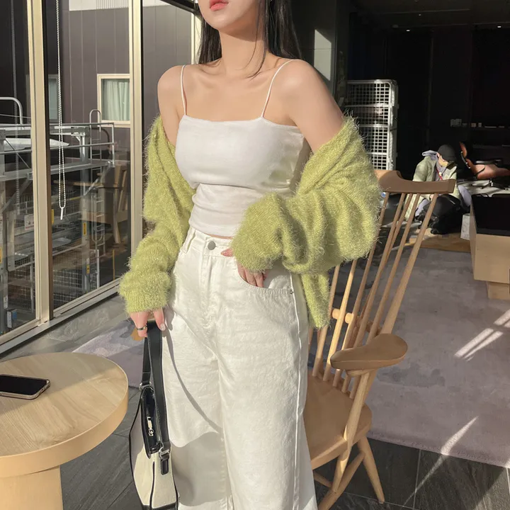 [여리루즈핏💚실물보장!] 솔잎 모헤어 브이넥 단추 레이어드 세미 크롭 니트 가디건 투버튼 앙고라 볼레로 봄 아우터 4COL 상세 이미지 28