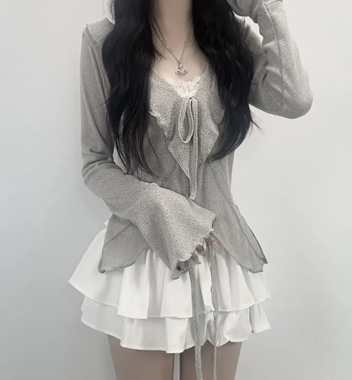 ruffle ribbon lace cardigan 러플 리본 레이스 가디건 (봄가디건, 러블리, 프릴, 니트가디건, 슬림핏, 여리여리) 상세 이미지 17