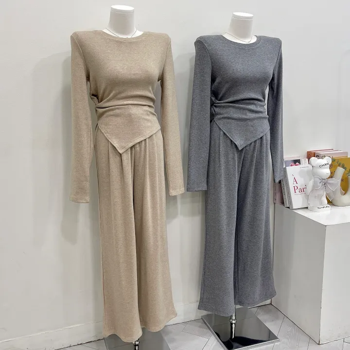 [글램핏/set]*핏보장* 봄신상 간절기까지 쭉~ 꼬임 언발 사선 슬림핏 핀턱 와이드팬츠 밴딩슬랙스 버튼 지퍼 하객룩 캐주얼  소재탄탄 꾸안꾸 데일리 멜팅 투피스 세트 3color 상세 이미지 4