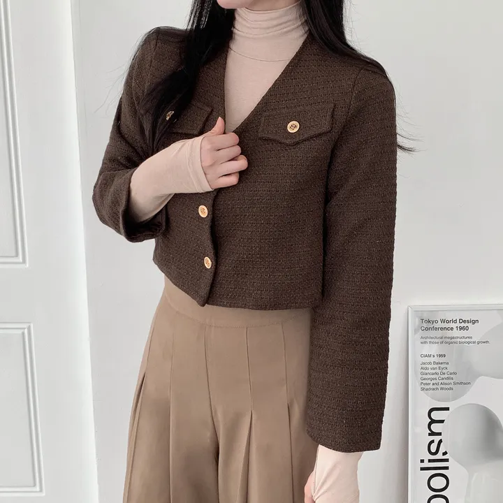 [부분 당일배송🎀1000장돌파!! 리뷰극찬🔥컬러추가!] 트위드 세미 크롭 자켓 노카라 간절기 하객룩 숏자켓 핑크 아이보리 블랙 네이비 - 5colors 상세 이미지 50