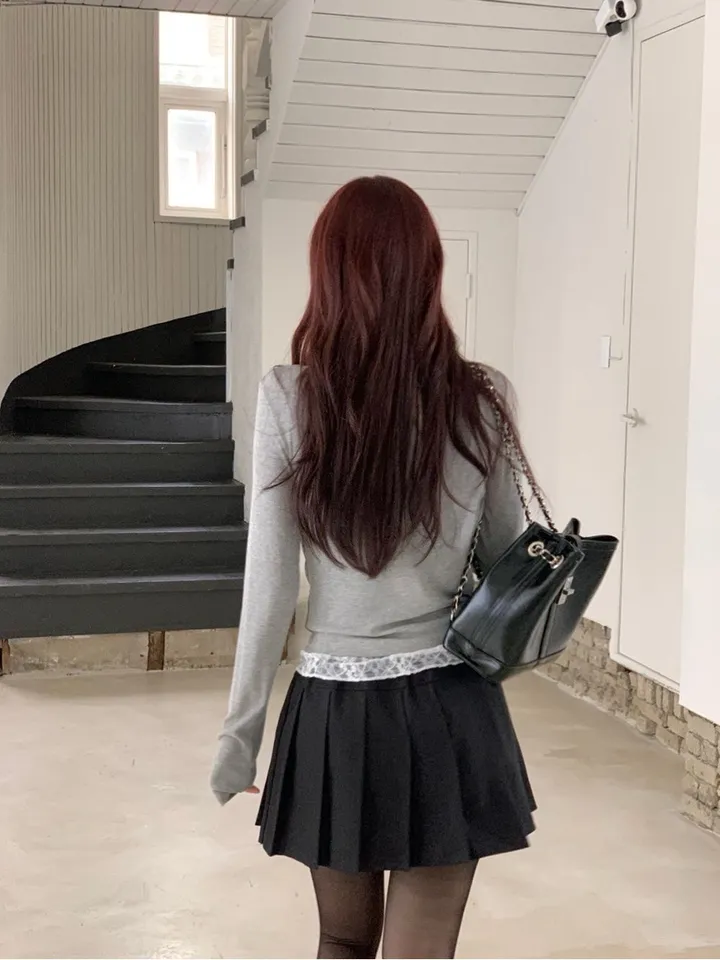 [레이스일체형ෆ군살커버말라핏]이연 텐션 여리핏 드레이프 셔링 레이어드 레이스 골지 롱슬리브 티셔츠 3color 상세 이미지 30