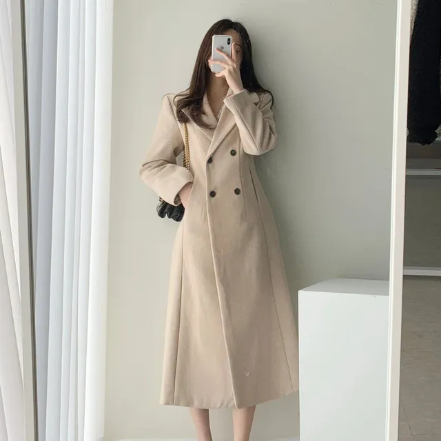A라인 슬림 롱 플레어 더블 버튼 울코트 블랙 베이지 상세 이미지 48