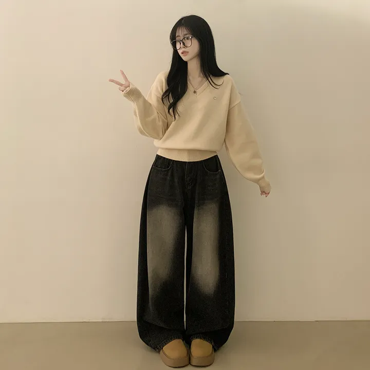 [파스텔색감💭/도톰폭닥~] 와펜포인트 아방핏 브이넥 루즈핏 허리잘록 긴팔니트 상세 이미지 6