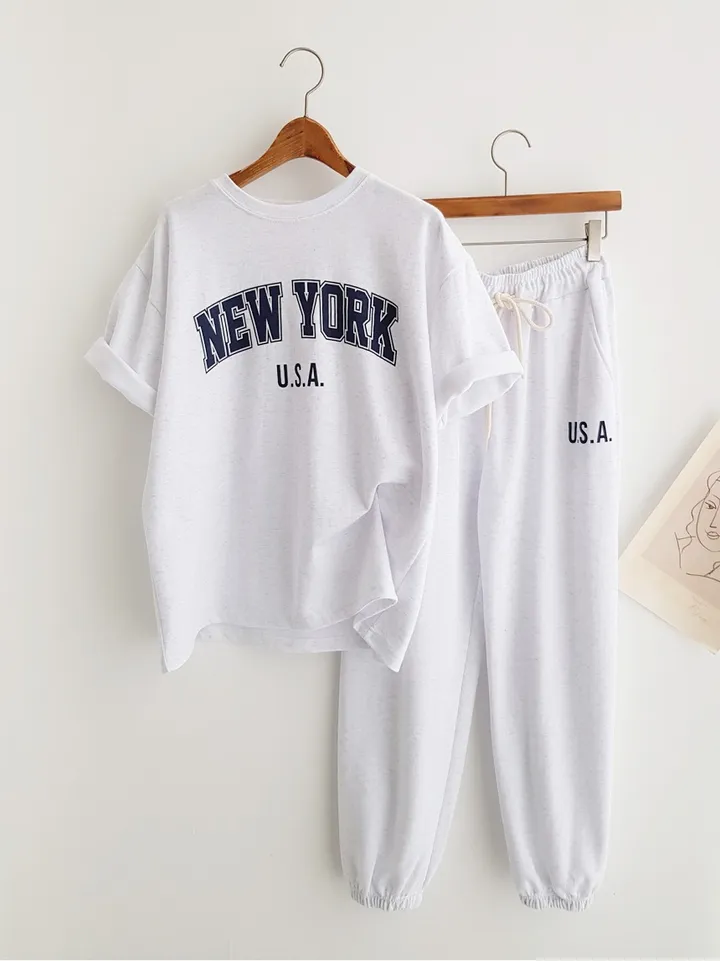 [데일리SET] NEW YORK 프린트 반팔티셔츠 오버핏반팔 밴딩팬츠 조거팬츠 조거바지 트레이닝세트 반팔세트 조거세트 츄리닝세트 이지웨어세트 여름트레이닝복 운동복세트 공항룩 상세 이미지 6