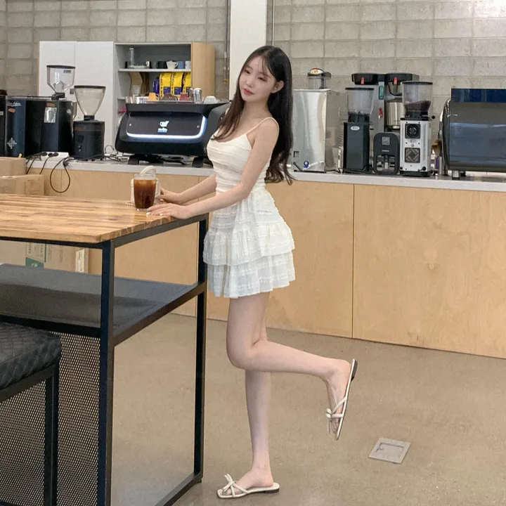 [나시스커트SET/고퀄ෆ러블리] 베링 레이스 프릴 뷔스티에 브이넥 캡 나시 + A라인 밴딩 캉캉 미니 스커트 투피스 세트 데이트룩 여행룩 바캉스룩 꾸안꾸 플리츠 발레코어 상세 이미지 10