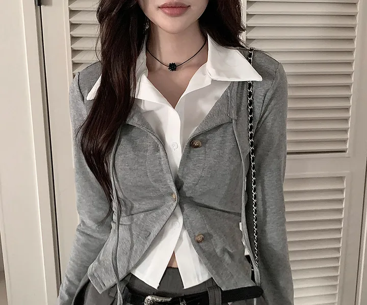[반팔/긴팔❄일체형💗고퀄ver] 칠리 셔츠 가디건 일체형 레이어드 리본 슬림핏 긴팔 반팔 티셔츠 가디건 봄 겨울 가을 / 하객룩 출근룩 소개팅룩 데이트룩 클래식블랑 상세 이미지 28