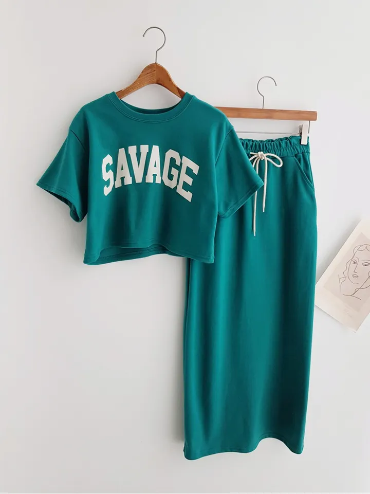 [세트가격!] SAVAGE 레터링 프린트 크롭티셔츠 크롭반팔티 밴딩 롱스커트 뒤트임 롱치마 투피스세트 치마세트 스커트세트 여름세트 꾸안꾸 이지웨어세트 상세 이미지 4