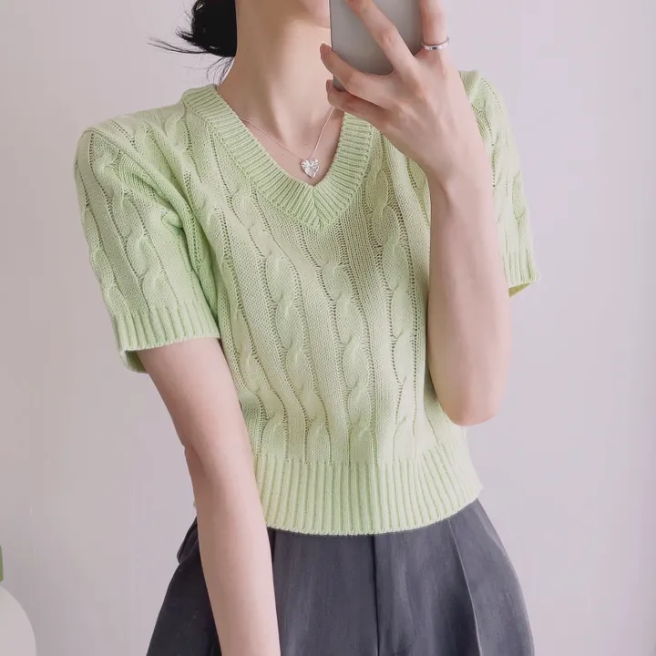 (6color/최저가 보장!) 실물보장! 색감에 반한, 마카롱 꽈배기 브이넥 크롭 반팔 니트 상세 이미지 28