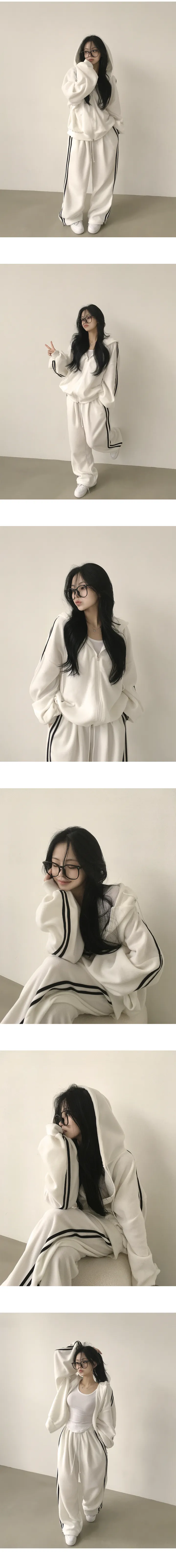 [도톰,포근~/후리스트레이닝세트🤍] 꾸안꾸 정석, 후리스 트랙 오버핏 투웨이 후드집업 + 밴딩 트랙 투웨이 스트링 조거 와이드 트레이닝팬츠 투피스 세트 (5color) 상세 이미지 10