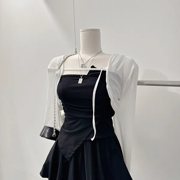 ❤️최저가❤️ *3pc [세트가격!/하이틴!] 펜시 스트랩 셔링나시 언발 사선 튜브탑 크롭나시 긴팔 크롭가디건 니트가디건 볼레로가디건 밴딩 A라인 플레어 미니스커트 여름투피스 세트 상세 이미지 23