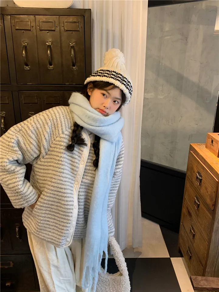[봄신상💗/누빔안감]크림소다 잔줄 스트라이프 뽀글이 양털 논카라 자켓 상세 이미지 5