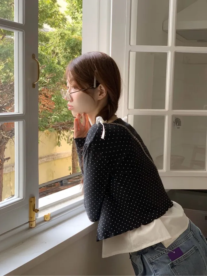 [도트가디건🖤]아떼 여리핏 도트 패턴 코튼 브이넥 롱슬리브 크롭 물결 가디건 3color 상세 이미지 35