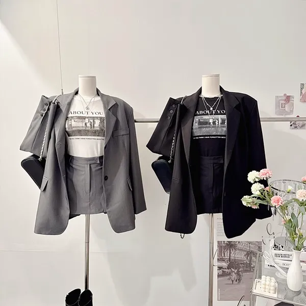 *당일발송* [페미닌!/하객룩!] 로제 테일러드카라 버튼자켓 단추자켓 오버핏자켓 긴팔자켓 하프자켓 롱자켓 하이웨스트 A라인 플레어 미니스커트 치마바지 여름투피스 세트 셋업 정장세트 상세 이미지 3