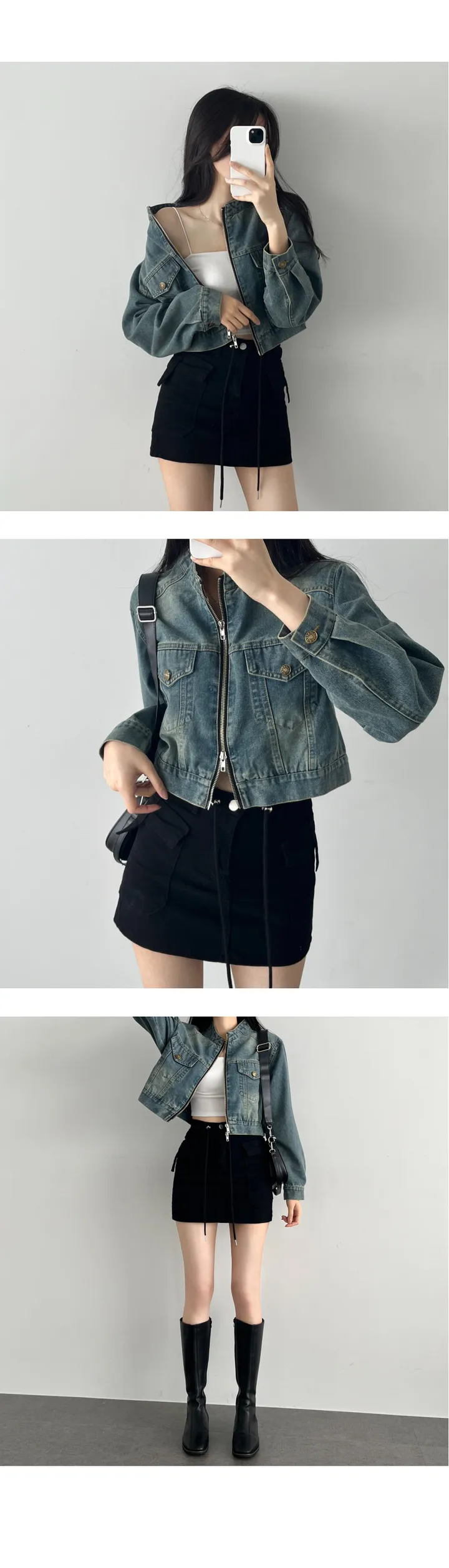 ABLY1등자켓🧡[노카라&투웨이 집업] 빈티지 아방핏 크롭 바이커 데님 청자켓 2color 상세 이미지 9