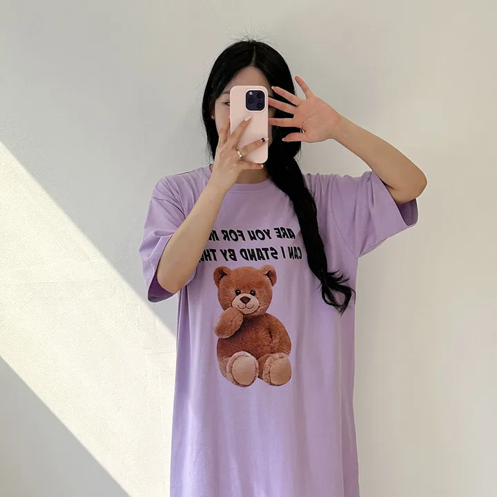 [국내/부드러운] 베어🐻 프린팅 반팔 롱 원피스 - 4color 상세 이미지 23