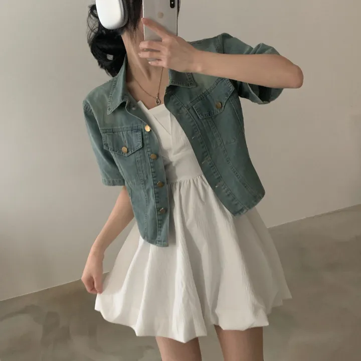 [데일리/청순무드(＊’͜’ )] 봄웨더 반팔 데님 크롭 청자켓 - 3color 상세 이미지 10
