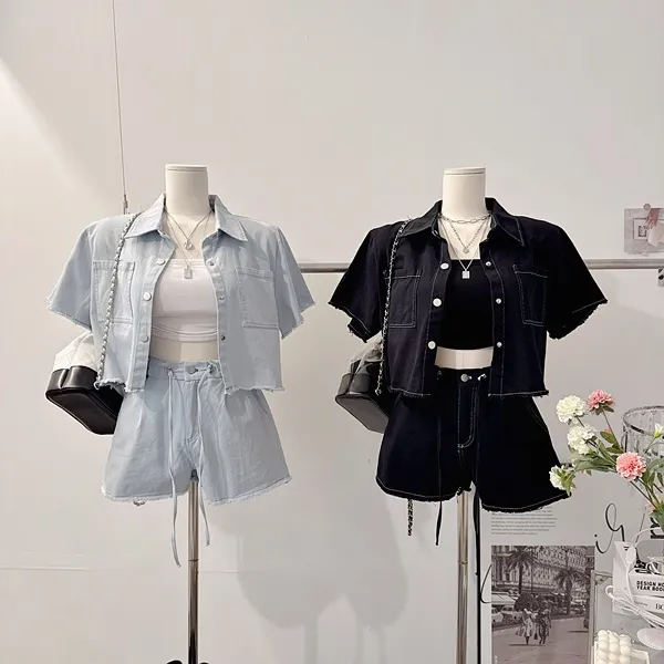 *최저가* [세트가격!/하객룩!] 드뷔 스티치 데님자켓 청자켓 데님셔츠 셔츠카라 버튼 포켓 반팔자켓 크롭자켓 스트링 밴딩 하이웨스트 와이드 반바지 숏팬츠 여름투피스 세트 데님세트 상세 이미지 24