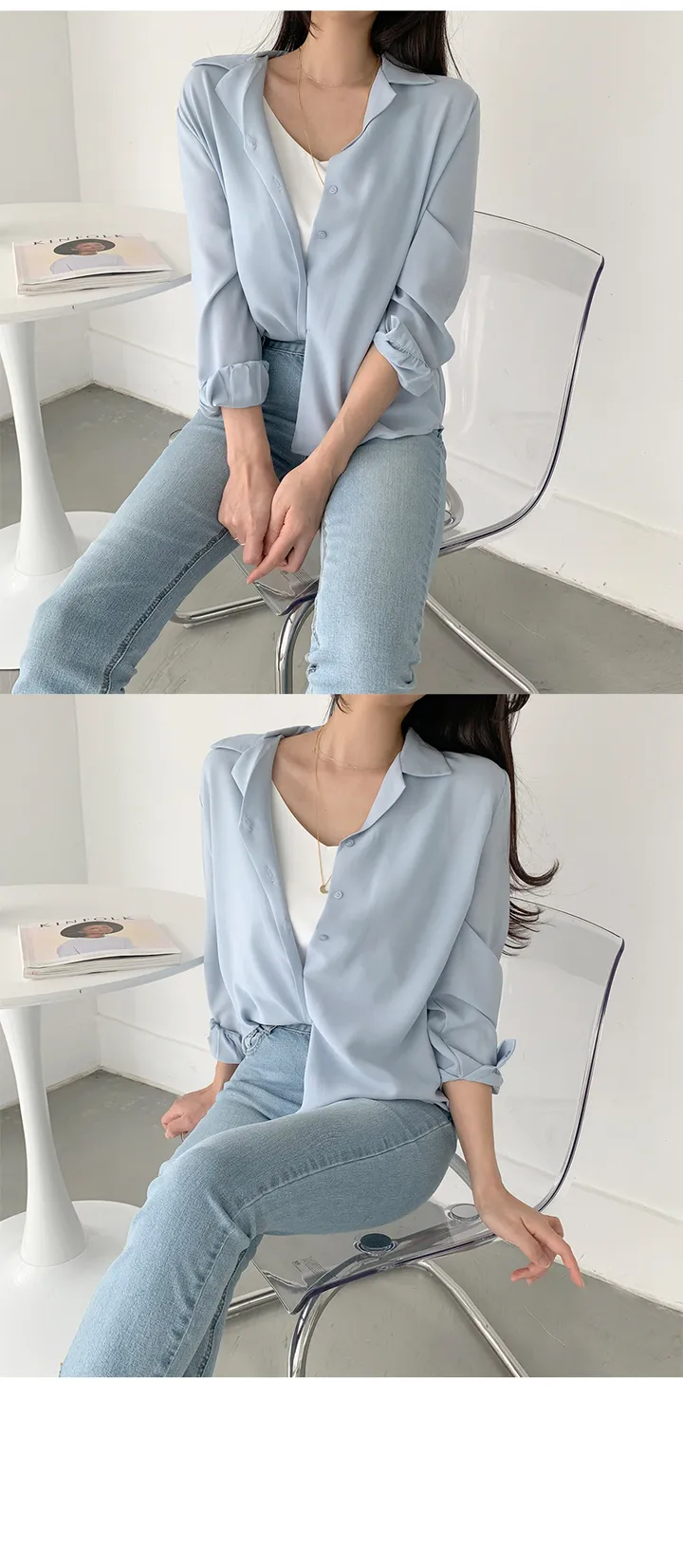 구김없는 오픈 카라 셔츠블라우스 55~L (10color) 상세 이미지 11