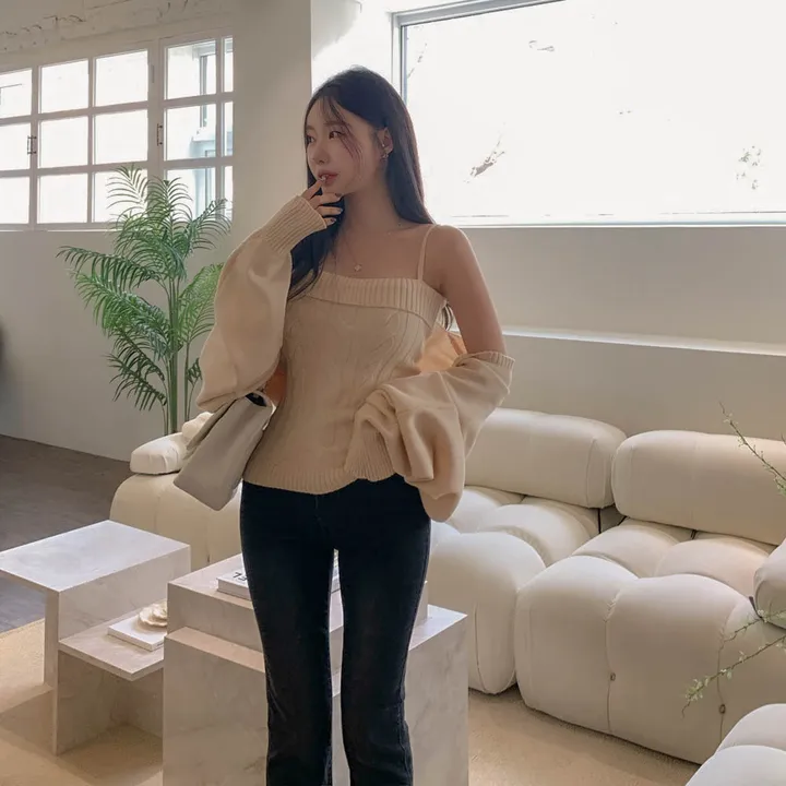 [찐애정템ㅠ고퀄버전*나시볼레로setෆ부유방삭제핏] 빈츠 꽈배기 끈나시 + 루즈핏 긴팔 볼레로 세트 니트 탑 나시 크롭 볼레로 가디건 스판 긴팔 투피스 세트 봄 가을 데일리룩 데이트 상세 이미지 10