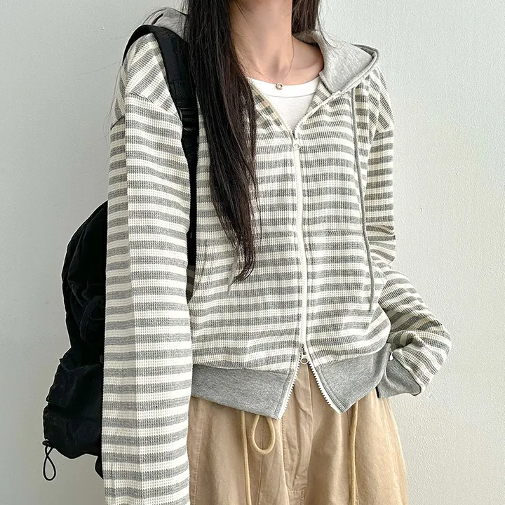 [캐주얼힙/투웨이] 스트라이프 단가라 배색 투웨이 지퍼 세미크롭 얇은 후드 집업 점퍼 봄 가을 간절기 아우터 모즈잔줄배색후드집업 상세 이미지 33