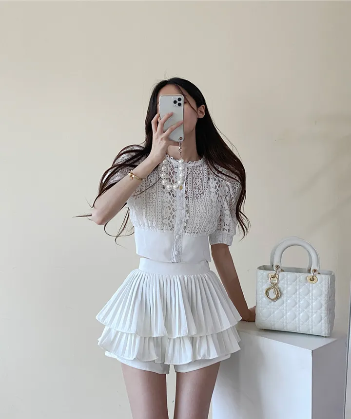 퍼프 레이스 자수 시스루 가디건 상세 이미지 6