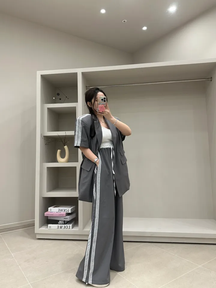 (프리미엄,핏보장,빅사이즈가능)트렌디한 자수레이스 배색 자켓팬츠세트 상세 이미지 2