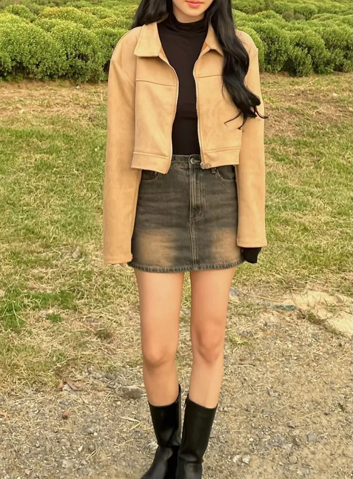 당일출고![단독/시밀러룩] 봄 가을 스웨이드 자켓 크롭 오버핏 워싱 청치마 청바지 커플룩 상세 이미지 16