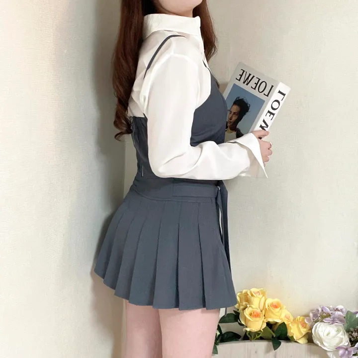 [SET가격] 크롭 뷔스티에 + 플리츠 더블 벨트 스커트 투피스 세트 3color 상세 이미지 8