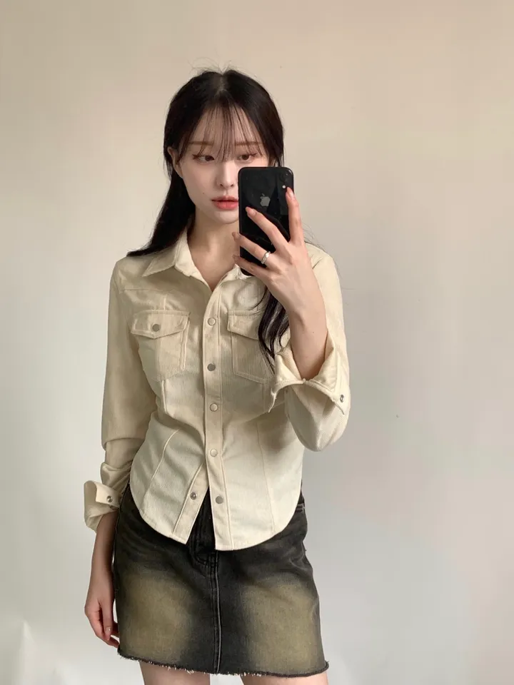 [주문폭주!]코듀로이 슬림 세미 크롭 버튼 셔츠 상세 이미지 2